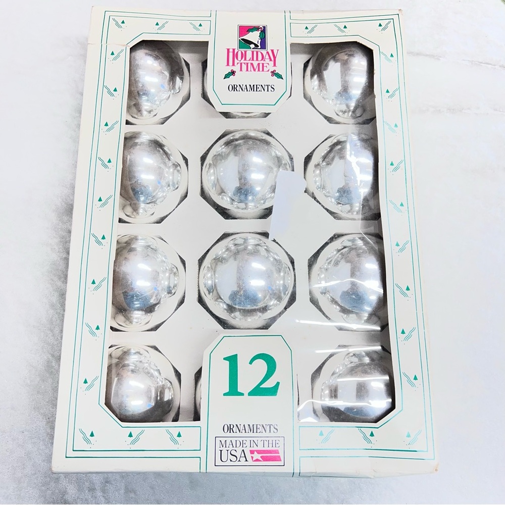 Vintage Holiday Time Shiny Silver glass Ornaments set of 12 Made in USA